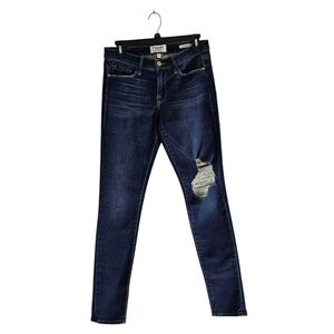 Frame Le Skinny De Jeanne Mid Rise Dark Blue Distressed Jeans 28 Preowned